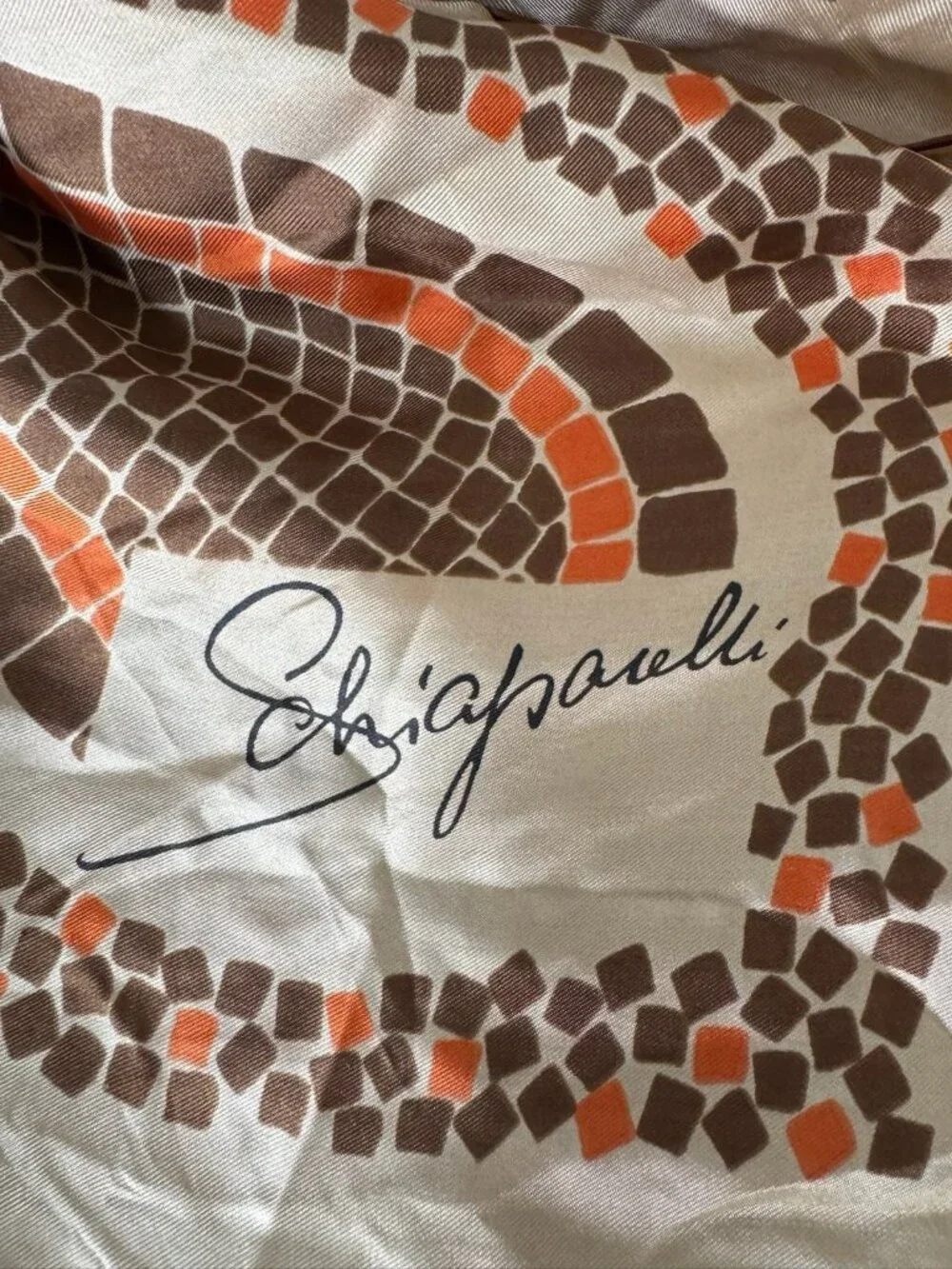 VTG Schiaparelli Square Silk Scarf Pebble Mosaic Pattern Brown Orange 28